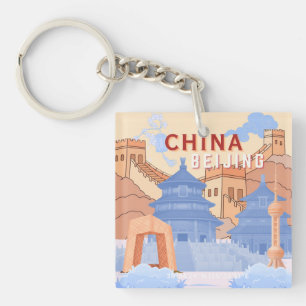Beijing China Travel Poster Pastel Blue & Peach Key Ring