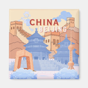 Beijing China Travel Poster   Pastel Blue & Peach Magnet