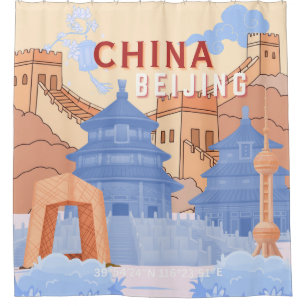 Beijing China Travel Poster Pastel Blue & Peach Shower Curtain