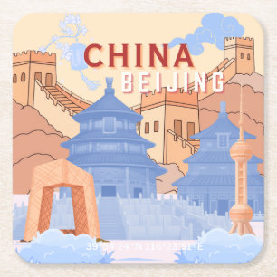 Beijing China Travel Poster Pastel Blue & Peach Square Paper Coaster