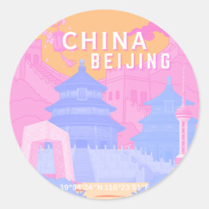 Beijing China Travel Poster Pink & Blue Pastel Classic Round Sticker