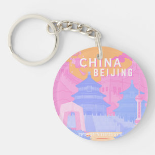 Beijing China Travel Poster Pink & Blue Pastel Key Ring