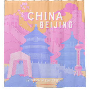 Beijing China Travel Poster Pink & Blue Pastel Shower Curtain