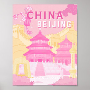 Beijing China Travel Poster Pink & Yellow Art