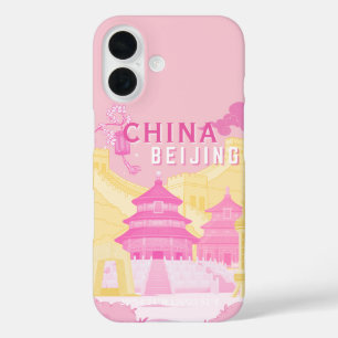 Beijing China Travel Poster Pink & Yellow Art iPhone 16 Case