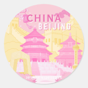 Beijing China Travel Poster Pink & Yellow Art Classic Round Sticker