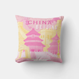 Beijing China Travel Poster Pink & Yellow Art Cushion