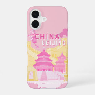 Beijing China Travel Poster Pink & Yellow Art iPhone 16 Case
