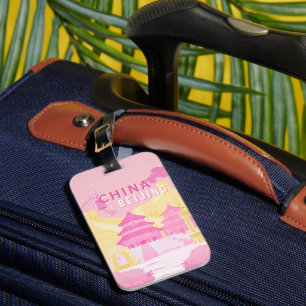 Beijing China Travel Poster Pink & Yellow Art Luggage Tag