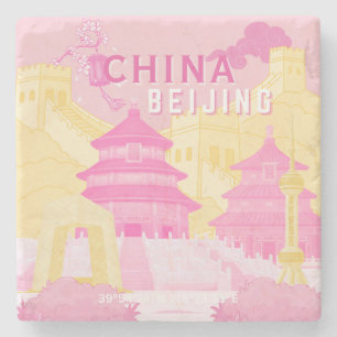 Beijing China Travel Poster Pink & Yellow Art Stone Coaster