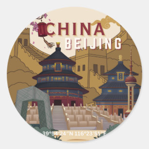 Beijing China Travel Poster Vintage Illustration Classic Round Sticker