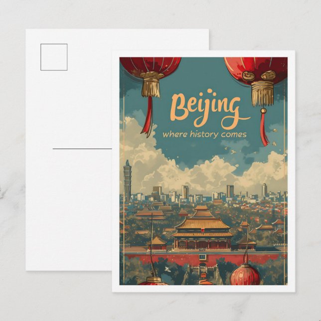 Beijing China Vintage Art Travel Illustration Postcard (Front/Back)