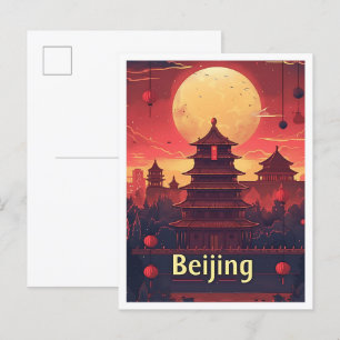 Beijing China Vintage Art Travel Illustration Postcard