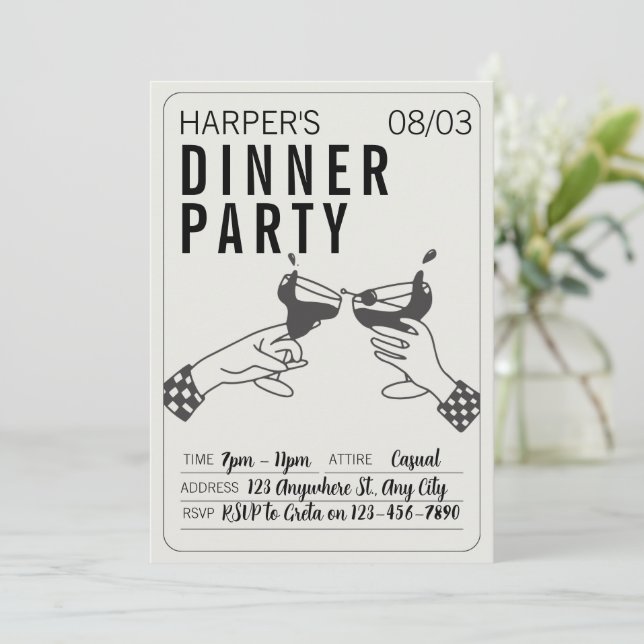 Being and Black Retro Illustration Dinner Party Invitation (Standing Front)