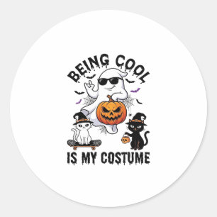 Being Cool Is Costume Halloween Ghost Pumpkin Cat_ Classic Round Sticker