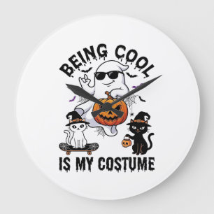 Being Cool Is Costume Halloween Ghost Pumpkin Cat_ Large Clock