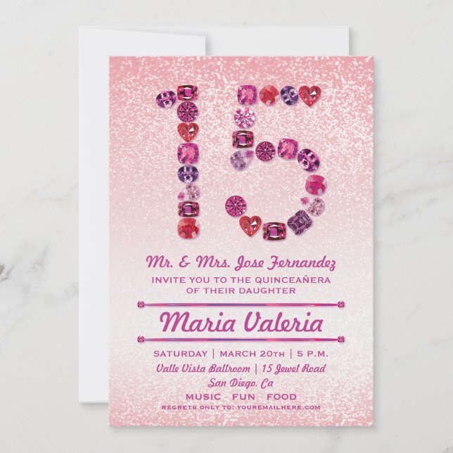 Bejeweled 15th Birthday Quinceañera Party Invites (Front)