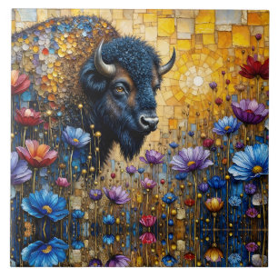 Bejeweled American Bison in Flowers Tile