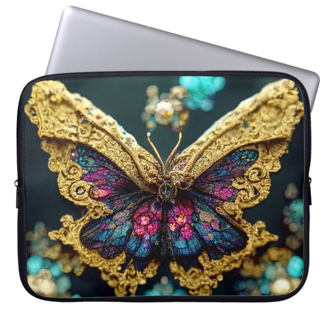 Bejeweled Gold Gemstone Butterfly Laptop Sleeve (Front)