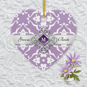 Bejeweled Lavender Damask Wedding Ceramic Tree Decoration
