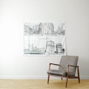 Belarus Grodno Hrodna Cityscape Sketch Tapestry