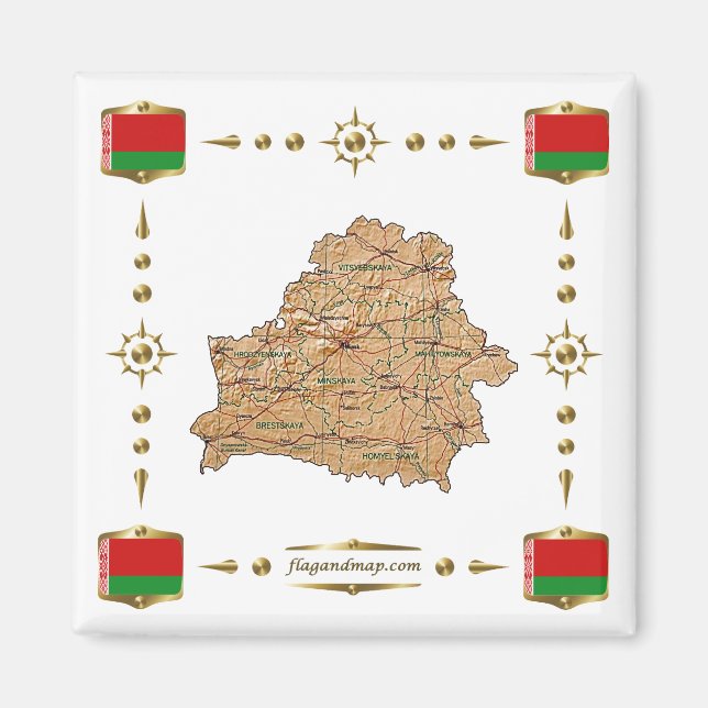 Belarus Map + Flags Magnet (Front)