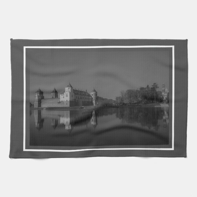 Belarus Mir Castle Architecture Monochrome Tea Towel (Horizontal)