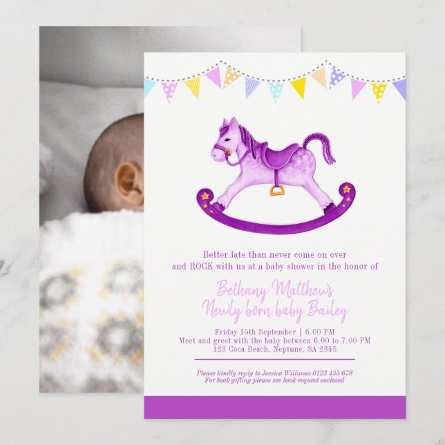 Belated Baby shower purple rocking horse met baby Invitation (Front/Back)