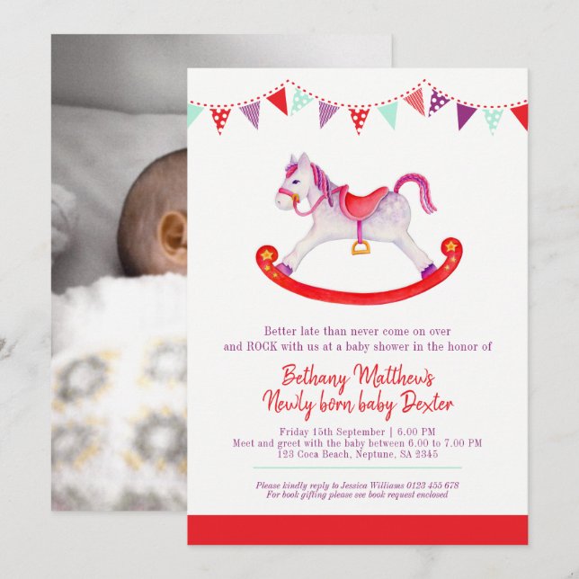 Belated Baby shower rocking horse met baby red Invitation (Front/Back)