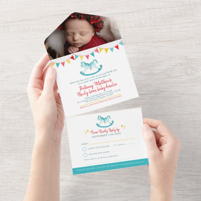 Belated Baby shower rocking horse photo meet aqua All In One Invitation (Tearaway)