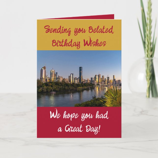 Belated birthday wishes add photo gold red card (Front)