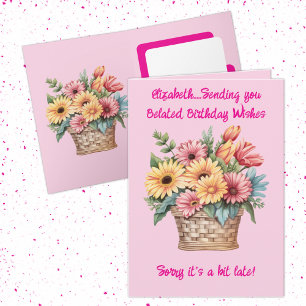 Belated birthday wishes name pink card