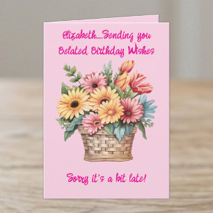 Belated birthday wishes name pink card