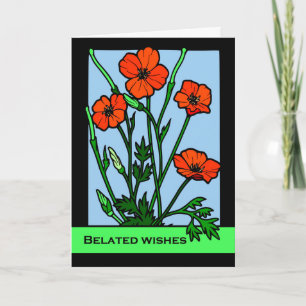 Belated Birthday Wishes, Red Poppies, Illustration Card