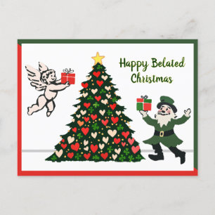 Belated Christmas Hearts and Shamrocks Holiday Postcard