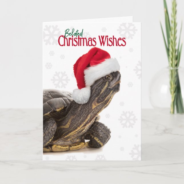 Belated Christmas Wishes Turtle in Santa Hat Humou Holiday Card (Front)