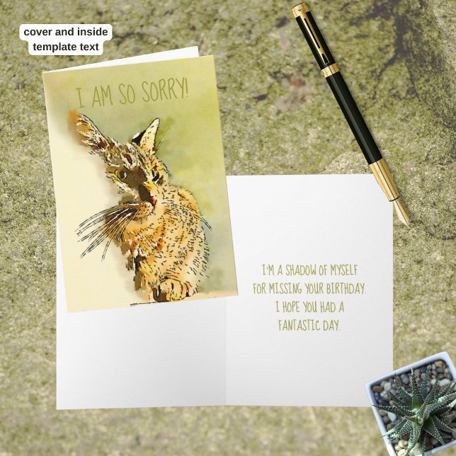 Belated Tabby Cat Watercolor Replaceable Photo Card (Watercolor tabby cat greeting card cover. Template text on cover and inside greeting.)