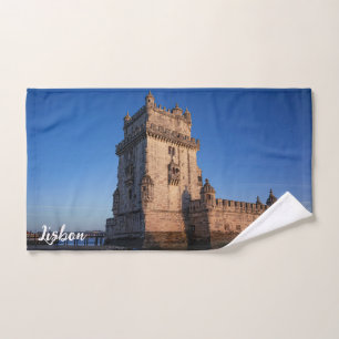 Belem tower at sunset in Lisbon Portugal Hand Towel