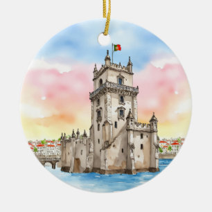 Belem Tower Lisbon Portugal Watercolor Ceramic Tree Decoration