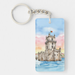 Belem Tower Lisbon Portugal Watercolor Key Ring