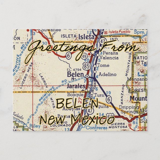 Belen New Mexico Vintage Map Postcard (Front)