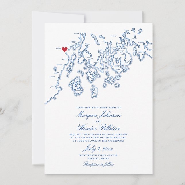 Belfast Maine Map Wedding Invitation - Penobscot (Front)