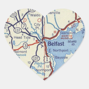 Belfast Maine Vintage Map Heart Sticker