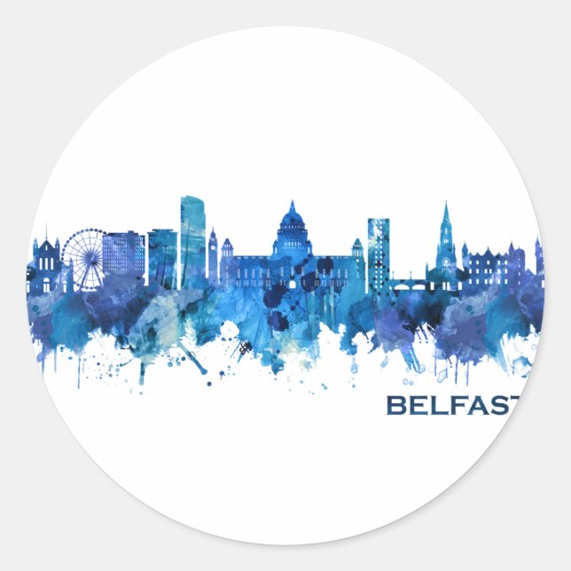 Belfast Northern Ireland Skyline Blue Classic Round Sticker (Front)