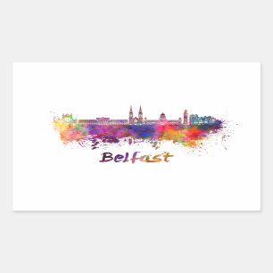 Belfast skyline in watercolor splatters with clipp rectangular sticker