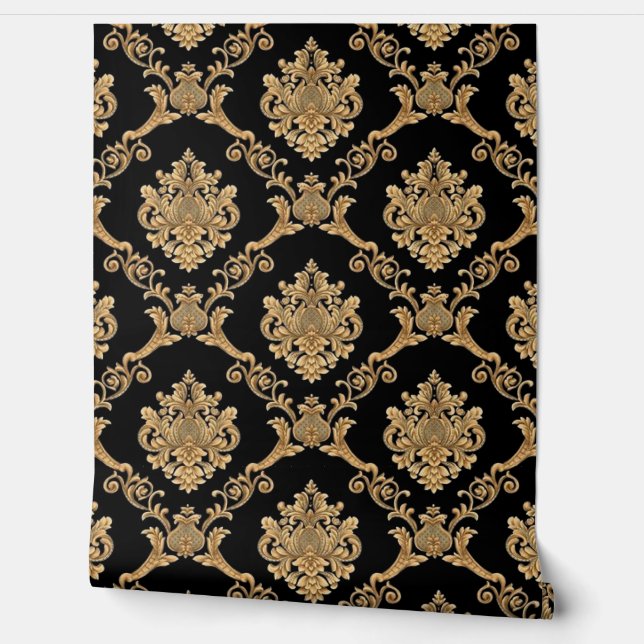 Belgian Damask Gold on Black Designer  Wallpaper (Unrolling)