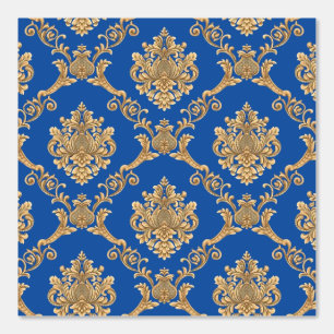 Belgian Damask Gold on Blue Designer  Wallpaper