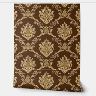 Belgian Damask Gold on Brown Designer Wallpaper