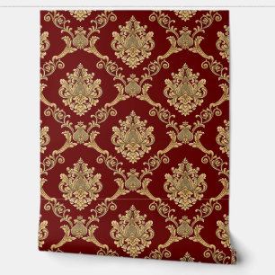 Belgian Damask Gold on Burgundy Designer  Wallpaper