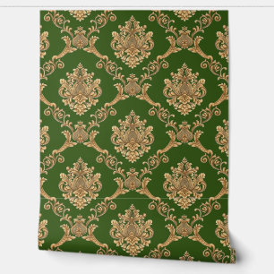 Belgian Damask Gold on Green Designer Wallpaper